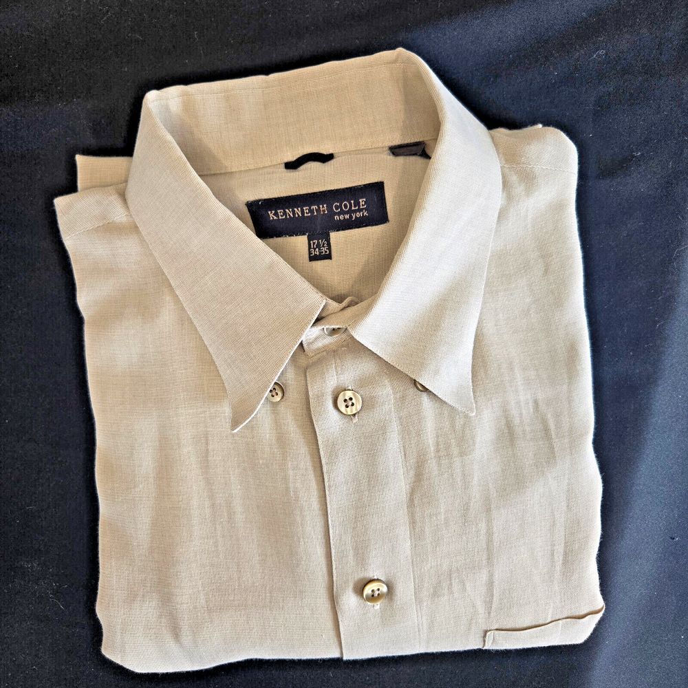 Kenneth Cole New York Shirt Mens 17.5 34-35 Tan Long Sleeve Button Classy Casual